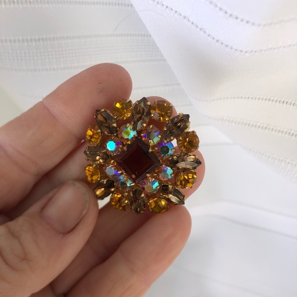 Vtg Amber Rhinestone Brooch - Picture 7 of 10